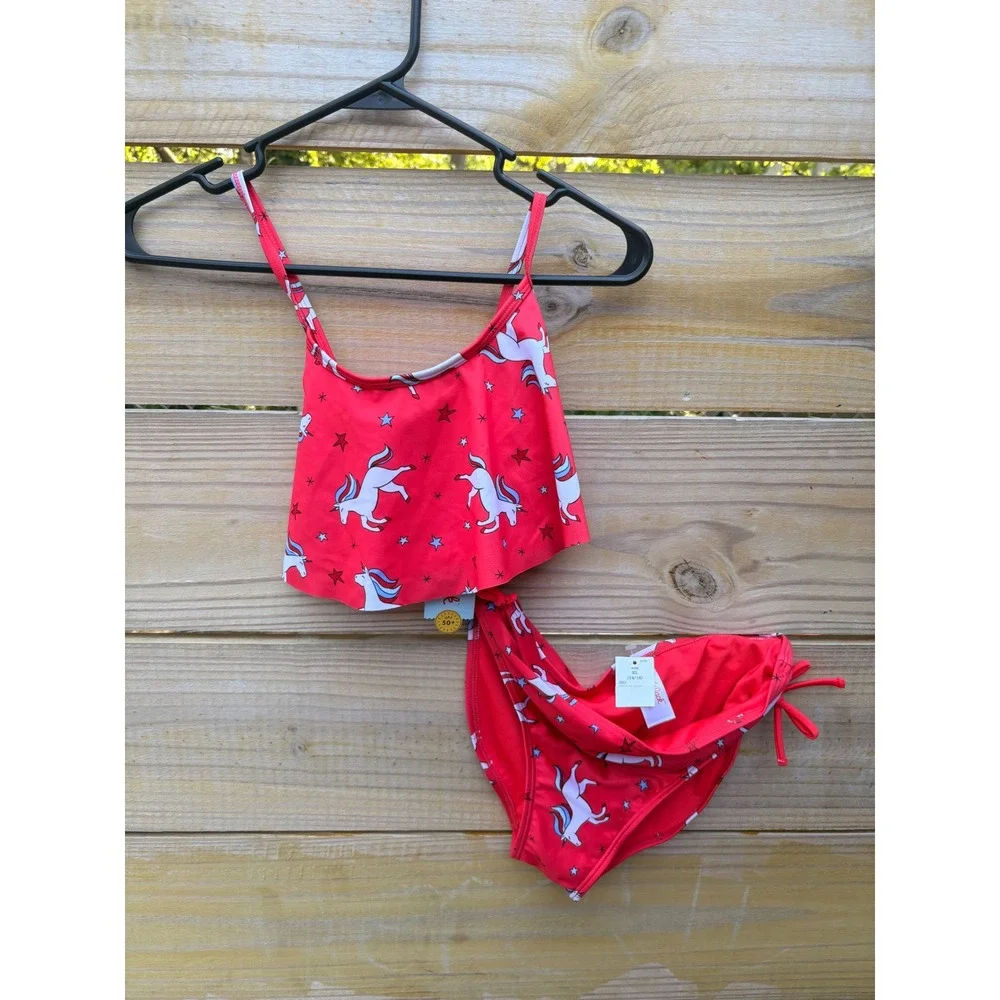 Cat & Jack Girls Red Unicorn Star Flounce Bikini Swimsuit Set XL 14/16 NEW